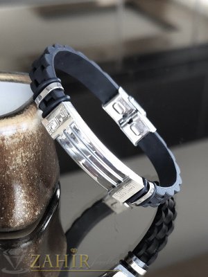 Нов дизайн гривна от триизмерен силикон и стомана в 3 размера, широка 1 см с гравирана плочка в сребристо  5 см, не променя цвета си - GS1450